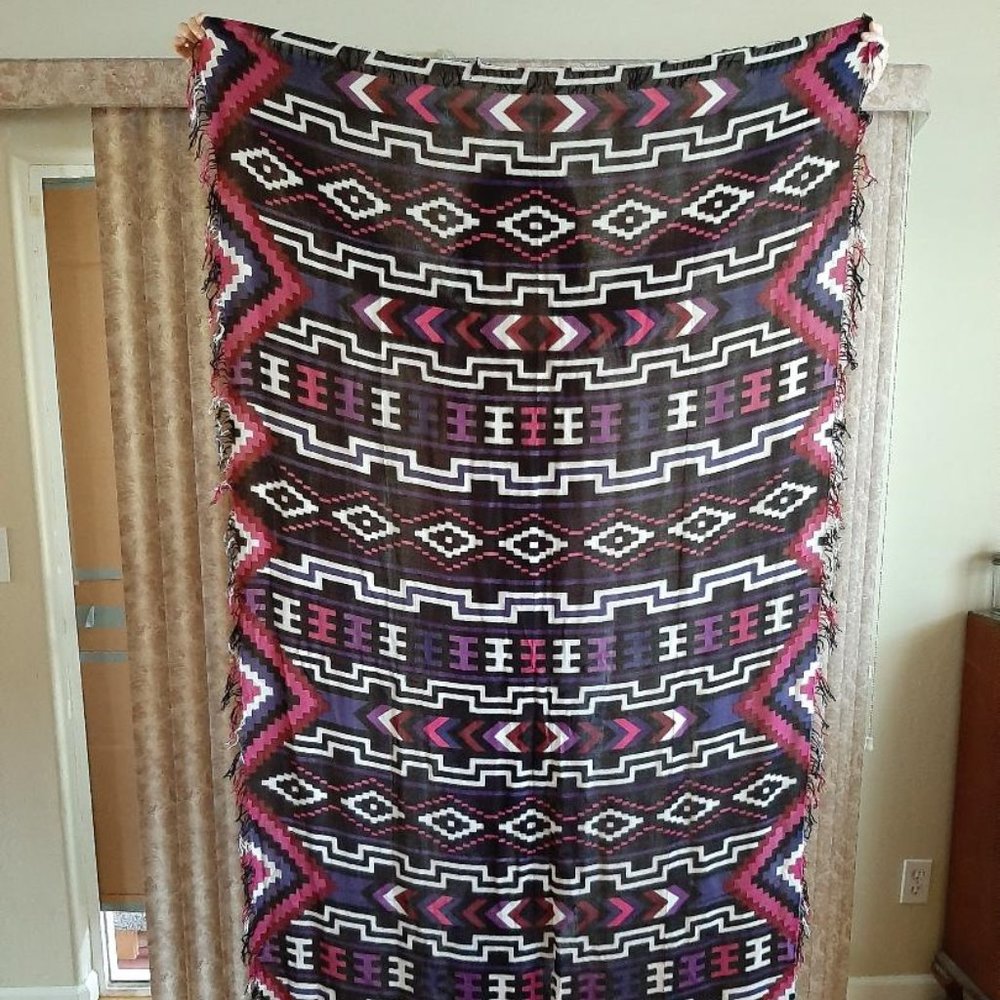 Purple, pink, black, white geometric print scarf